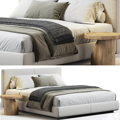 Modern Double Bed With Bedding And Wooden Side Table 3d model