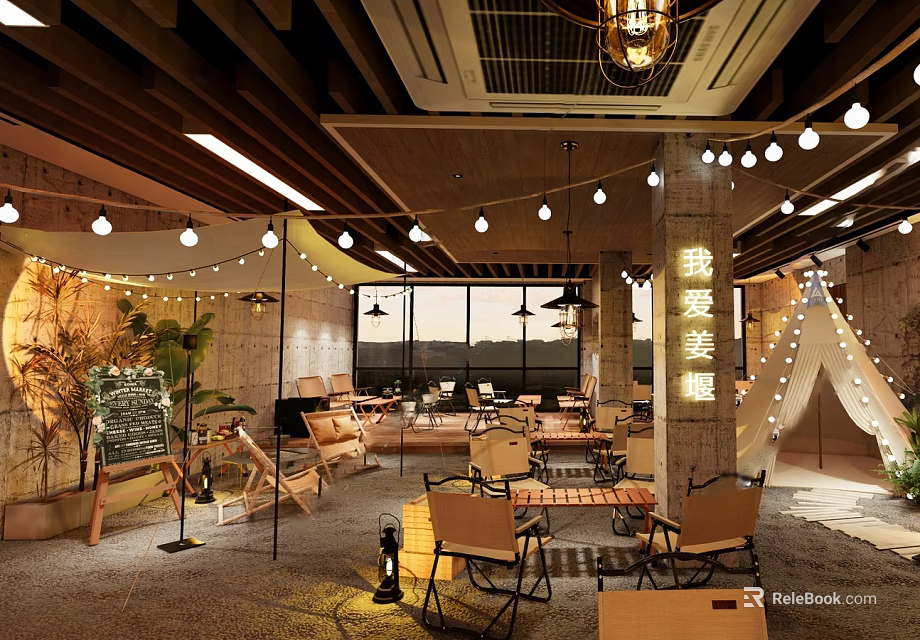 Cozy Restaurant Interior With Tent String Lights Wooden Ceiling And Chalkboard Menu 3d model