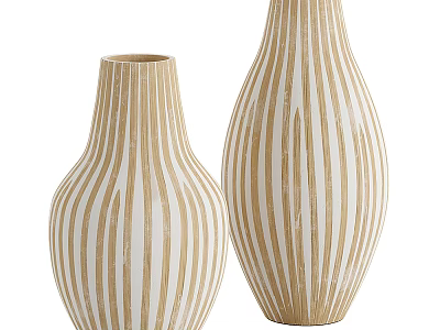 Two Modern Decorative Ceramic Vases with Beige and White Striped Design for Home Decor 3d model