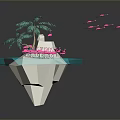 Tropical Floating Island Landscape with Blue Water Palm Trees Pink Flamingos and Flying Pink Birds
