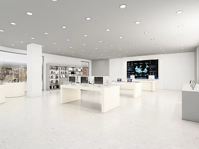 Modern Digital Store Displaying Smartphones Laptops And Electronics On White Counters 3d model