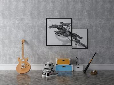 Animal Paintings of Horses Hanging on Grey Wall with Guitar Football Sneakers and Boxes 3d model