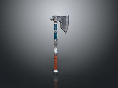 Decorative Battle Axe With Blue And Red Wooden Handle Silver Metal Accents And Sharp Blade 3d model