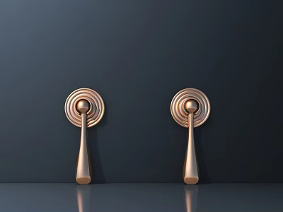 Modern Rose Gold Door Handles with Circular Base and Reflective Surface on Dark Background 3d model