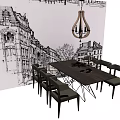 Modern Dining Table Set With Chairs And Pendant Light In Black White Building Sketch Interior