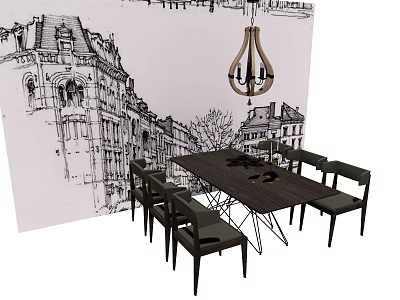 Modern Dining Table Set With Chairs And Pendant Light In Black White Building Sketch Interior 3d model