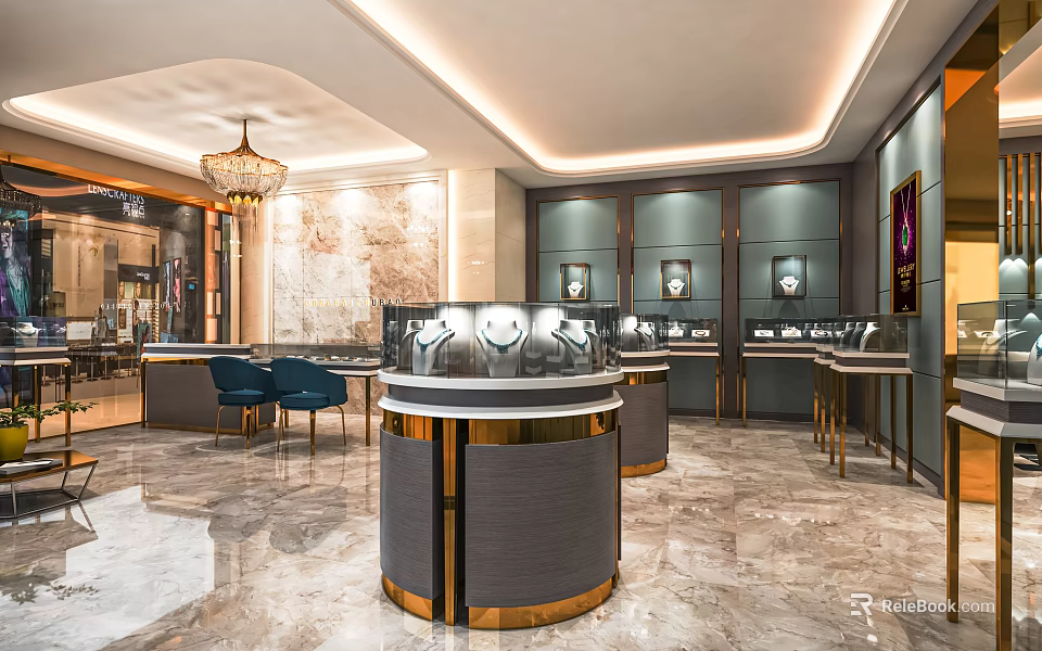 Elegant Luxury Boutique Interior Showcasing Circular Display Counters Chandelier And Marble Floors 3d model 