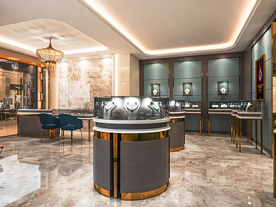 Elegant Luxury Boutique Interior Showcasing Circular Display Counters Chandelier And Marble Floors 3d model