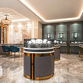 Elegant Luxury Boutique Interior Showcasing Circular Display Counters Chandelier And Marble Floors