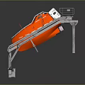 Orange Marine Lifeboat Mounted on Heavy Duty Metal Support Frame for Emergency Rescue Operations