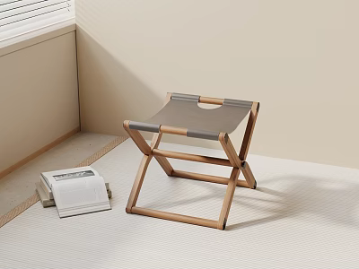 Foldable Leisure Chair with Wooden Frame and Gray Cushion in Minimalist Room Near Book 3d model