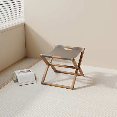 Foldable Leisure Chair with Wooden Frame and Gray Cushion in Minimalist Room Near Book 3d model