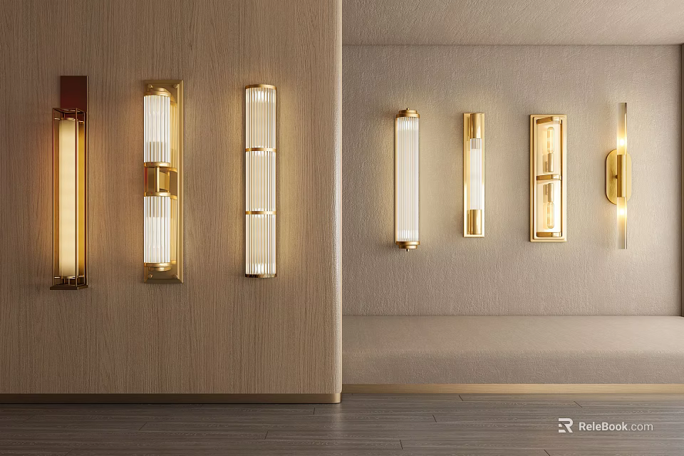 Modern Wall Lamps with Gold Frame Glass Shade and Warm Light on Wooden Beige Walls 3d model 