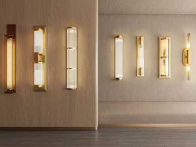 Modern Wall Lamps with Gold Frame Glass Shade and Warm Light on Wooden Beige Walls 3d model