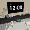 Modern Black TV Stand With Wall Mounted TV Books Decorations Plants And Plush Toys