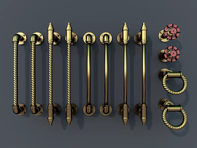 Various Brass Door Handles With Twisted Long Bar And Decorative Rope Knot Designs 3d model