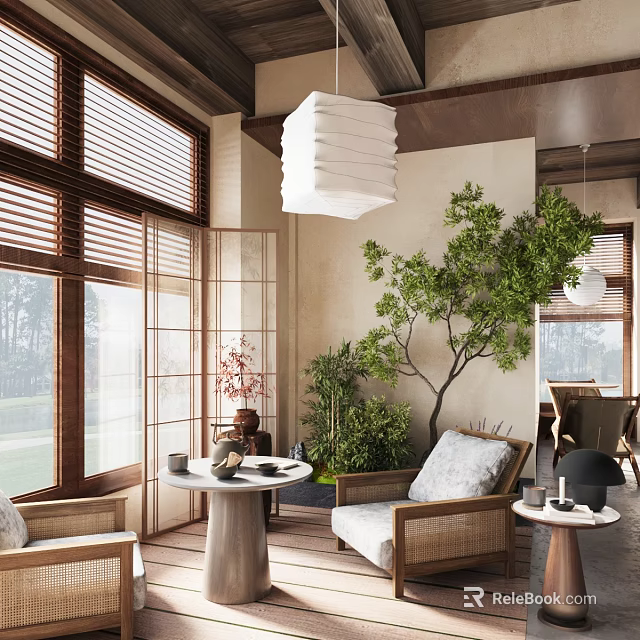 Serene Café Interior With Wooden Ceiling White Pendant Lights Rattan Chairs And Green Plants 3d model 