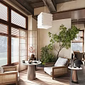 Serene Café Interior With Wooden Ceiling White Pendant Lights Rattan Chairs And Green Plants
