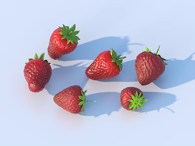 Several Fresh Ripe Red Strawberries With Green Leaves On Light Surface 3d model