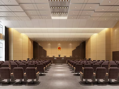 Formal Courtroom Interior With Rows Of Brown Seats Judge Bench And Emblem 3d model