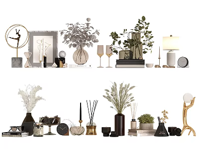 Elegant Home Decorative Ornaments Collection With Vases Plants Candles Frames And Table Lamps 3d model