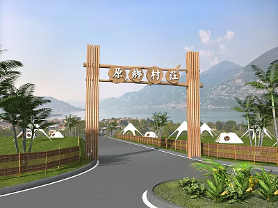 Wooden Entrance Gate of Rural Village with Mountains Lake Green Grass and Tents 3d model
