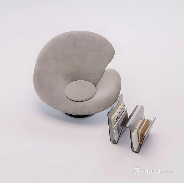 Gray Upholstered Lounge Chair With Curved Shape And Book Holder With Books 3d model 