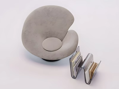 Gray Upholstered Lounge Chair With Curved Shape And Book Holder With Books 3d model