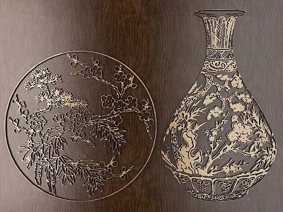 Exquisite Carved Plate And Vase With Intricate Floral And Bird Patterns 3d model