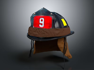 Firefighter Helmet With Red Number 9 Yellow Tag And Brown Lining Design 3d model
