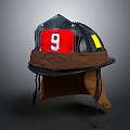 Firefighter Helmet With Red Number 9 Yellow Tag And Brown Lining Design