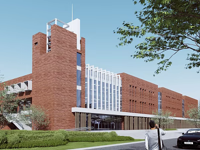 Modern Red Brick Office Building with Glass Facade White Structure and Green Landscaped Surroundings 3d model