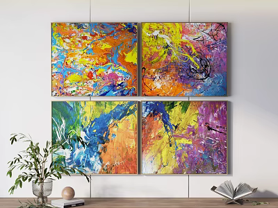 Vibrant Abstract Paintings Hanging On Wall With Potted Plant And Open Book 3d model