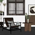 Brown Leather Lounge Chair With Cushions Wooden Side Table And Green Plants Near Lattice Window