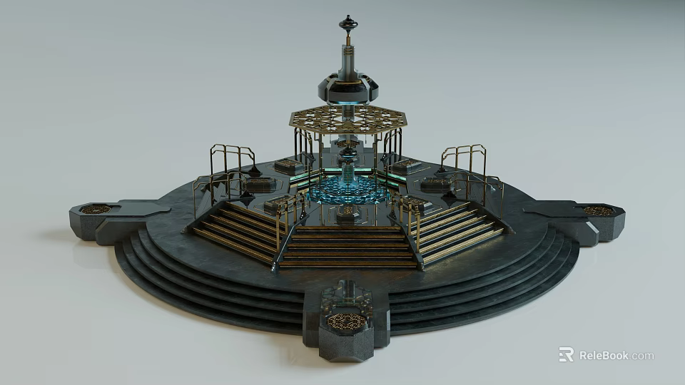 Decorative Fountain Structure With Circular Base Steps Ornate Railings And Intricate Design 3d model 