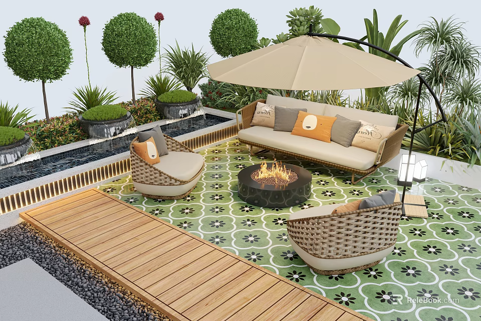 Inviting Courtyard Garden With Fire Pit Sofa Wicker Chairs Umbrella Green Plants And Wooden Deck 3d model 