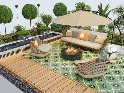 Inviting Courtyard Garden With Fire Pit Sofa Wicker Chairs Umbrella Green Plants And Wooden Deck 3d model