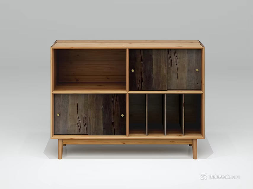 Modern Minimalist Wooden Storage Cabinet With Open Shelves And Closed Compartments In Natural Wood Finish 3d model 