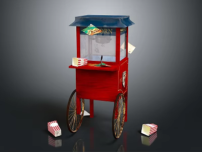 Red Vintage Popcorn Cart With Blue Canopy Glass Display And Popcorn Buckets 3d model