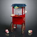 Red Vintage Popcorn Cart With Blue Canopy Glass Display And Popcorn Buckets