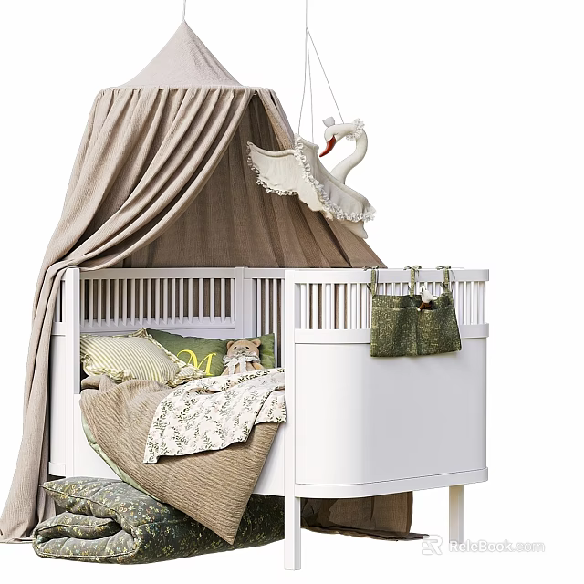 White Children's Bed With Canopy Decorative Pillows Swan Ornament And Storage Bag 3d model 