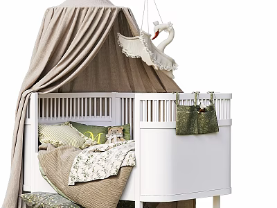 White Children's Bed With Canopy Decorative Pillows Swan Ornament And Storage Bag 3d model