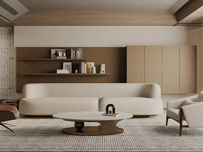 Modern Living Room Interior Design With Beige Sofa Round Coffee Table Accent Chair And Shelves 3d model