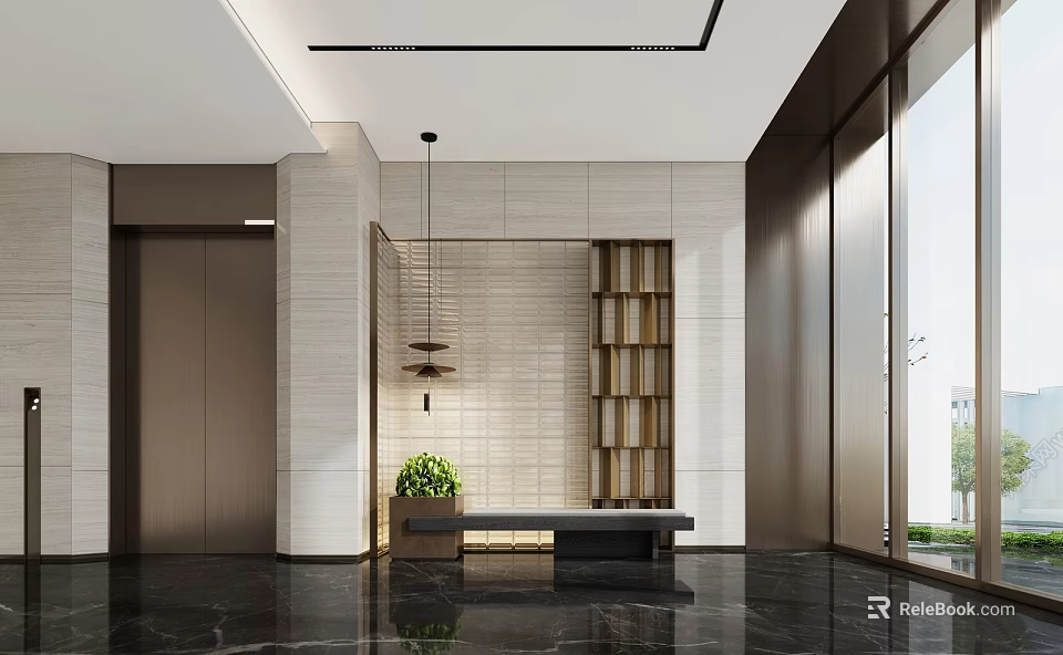 Modern Foyer Hallway With Wall Decor Hanging Light Green Plant And Bench 3d model 