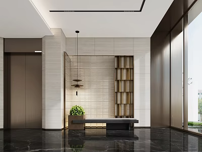 Modern Foyer Hallway With Wall Decor Hanging Light Green Plant And Bench 3d model