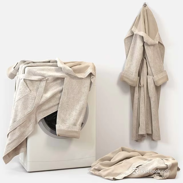 White Washing Machine With Freshly Laundered Soft Towels And Hanging Robes 3d model 