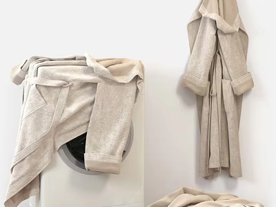 White Washing Machine With Freshly Laundered Soft Towels And Hanging Robes 3d model