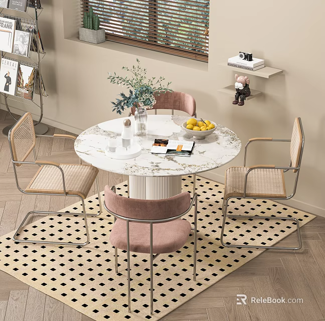 Round Marble Top Dining Table Set With Four Pink Woven Chairs And Greenery Vase 3d model 