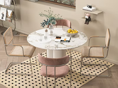 Round Marble Top Dining Table Set With Four Pink Woven Chairs And Greenery Vase 3d model