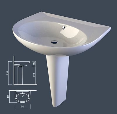 White Pedestal Washbasin Design With Modern Style And Detailed Dimensions 3d model